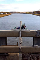 A roadside memorial at the crossing of the Missouri River separating Cannon Ball, ND and the Standing Rock Reservation.
