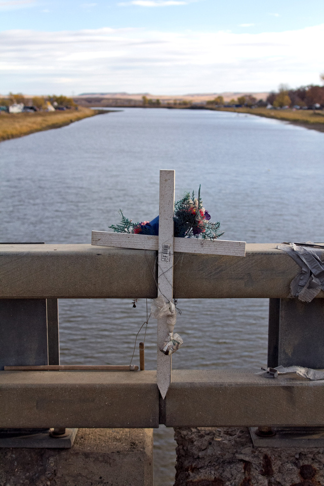 A roadside memorial at the crossing of the Missouri River separating Cannon Ball, ND and the Standing Rock Reservation.